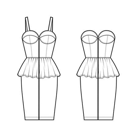 Set of dresses Zip-up bustier peplum denim technical fashion illustration with sleeveless, strapless, fitted body, knee length. Flat apparel front, back, white color style. Women men unisex CAD mockupのイラスト素材