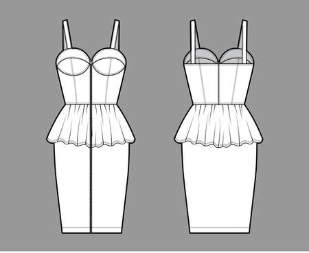 Zip-up peplum bustier dress technical fashion illustration with sleeveless, cups, fitted body, knee length skirt. Flat apparel garment front, back, white color style. Women, men unisex CAD mockupのイラスト素材