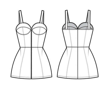Zip-up tube dress technical fashion illustration with bustier, sleeveless, shoulder straps, fitted body, mini length skirt. Flat garment apparel front, back, white color style. Women, men CAD mockupのイラスト素材