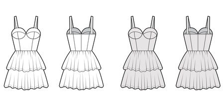 Bustier dress technical fashion illustration with shoulder straps, fitted body, 2 row mini length ruffle tiered skirt. Flat apparel front, back, white grey color style. Women, men unisex CAD mockupのイラスト素材