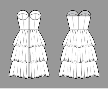 Zip-up bustier dress technical fashion illustration with strapless, fitted body, 3 row knee length ruffle tiered skirt. Flat apparel front, back, white color style. Women, men unisex CAD mockupのイラスト素材