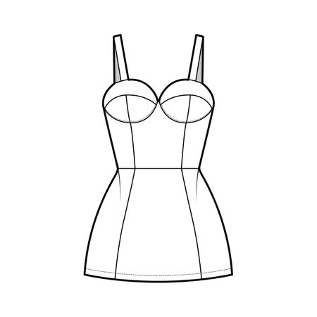 Tube dress technical fashion illustration with bustier, sleeveless, fitted body, mini length skirt. Flat garment apparel front, white color style. Women, men unisex CAD mockupのイラスト素材