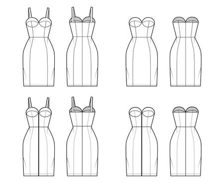 Set of dresses Zip-up tube technical fashion illustration with sleeveless, strapless, fitted body, knee length skirt. Flat garment apparel front, back, white color style. Women, men unisex CAD mockupのイラスト素材