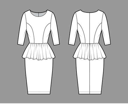 Dress peplum technical fashion illustration with elbow sleeves, fitted body, knee length sheath skirt, round neck. Flat apparel front, back, white color style. Women, unisex CAD mockupのイラスト素材
