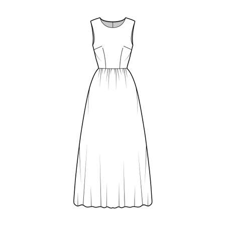 Dress long technical fashion illustration with sleeveless, fitted body, floor length full skirt. Flat apparel front, white color style. Women, men unisex CAD mockupのイラスト素材