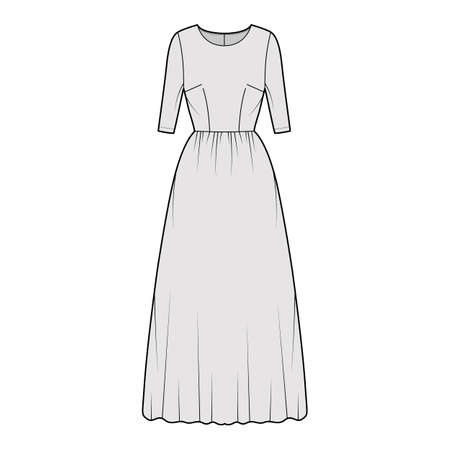 Dress long technical fashion illustration with elbow sleeve, fitted body, floor length full skirt. Flat apparel front, grey color style. Women, men unisex CAD mockupのイラスト素材