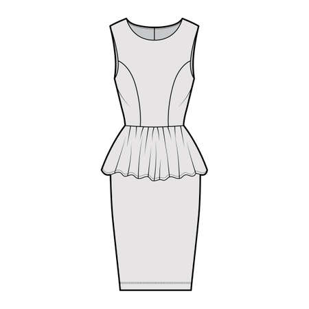 Dress peplum technical fashion illustration with sleeveless, fitted body, knee length sheath skirt, round neck. Flat apparel front, grey color style. Women, unisex CAD mockupのイラスト素材