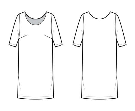 Dress shift chemise technical fashion illustration with medium sleeves, oversized body, knee length pencil skirt. Flat apparel front, back, white color style. Women, men unisex CAD mockupのイラスト素材