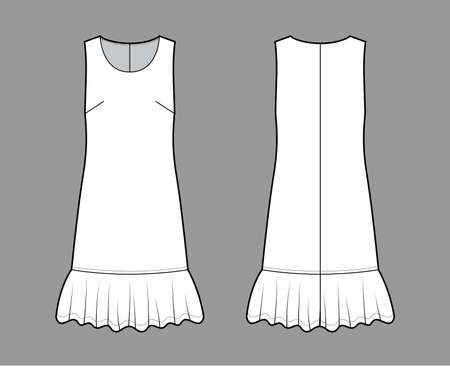 Dress dropped waist technical fashion illustration with sleeveless, oversized body, knee length skirt, round neck. Flat apparel front, back, white color style. Women, men unisex CAD mockupのイラスト素材