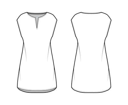 Dress tunic technical fashion illustration with sleeveless, oversized body, mini length skirt, slashed neck. Flat apparel front, back, white color style. Women, men unisex CAD mockupのイラスト素材