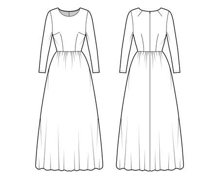Dress long technical fashion illustration with long sleeve, fitted body, floor length full skirt. Flat apparel front, back, white color style. Women, men unisex CAD mockupのイラスト素材