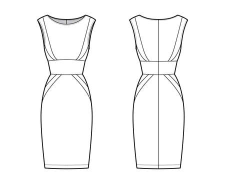Dress panel tube technical fashion illustration with hourglass silhouette, sleeveless, fitted body, knee length skirt. Flat apparel front, back, white color style. Women, men, unisex CAD mockupのイラスト素材