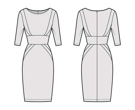 Dress panel tube technical fashion illustration with hourglass silhouette, elbow sleeves, fitted body, knee length skirt. Flat apparel front, back, grey color style. Women, men, unisex CAD mockupのイラスト素材