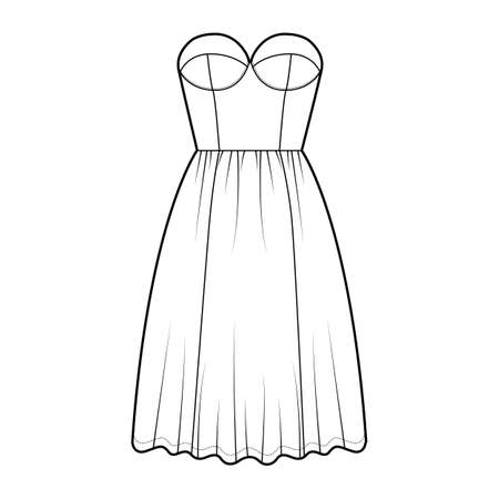 Flared dress technical fashion illustration with bustier, sleeveless, strapless, fitted body, knee length ruffle skirt. Flat apparel front, white color style. Women, men unisex CAD mockupのイラスト素材