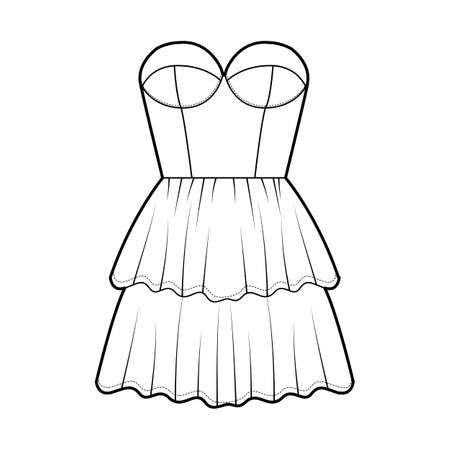 Strapless dress bustier technical fashion illustration with sleeveless, fitted body, 2 row mini length ruffle tiered skirt. Flat apparel front, white color style. Women, men unisex CAD mockupのイラスト素材