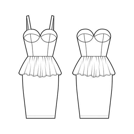 Set of dresses peplum technical fashion illustration with bustier, sleeveless, strapless, fitted body, knee length ruffle skirt. Flat apparel front, white color style. Women, men unisex CAD mockupのイラスト素材