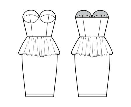 Peplum bustier dress technical fashion illustration with strapless, cups, fitted body, knee length skirt. Flat garment apparel front, back, white color style. Women, men unisex CAD mockupのイラスト素材