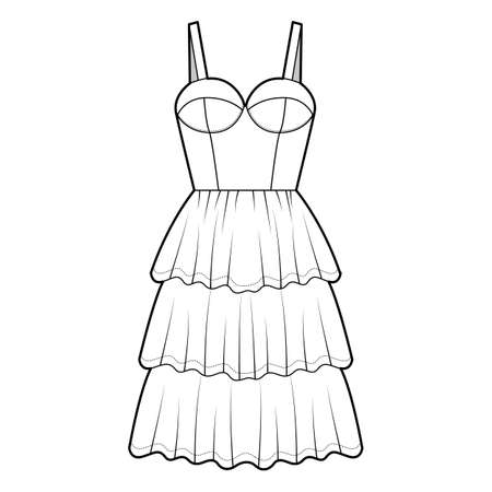 Bustier dress technical fashion illustration with sleeveless, cups, fitted body, 3 row knee length ruffle tiered skirt. Flat apparel front, white color style. Women, men unisex CAD mockupのイラスト素材