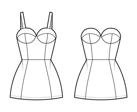 Set of dresses tube technical fashion illustration with bustier, sleeveless, fitted body, mini length ruffle tiered skirt. Flat apparel front, white color style. Women, men unisex CAD mockupのイラスト素材