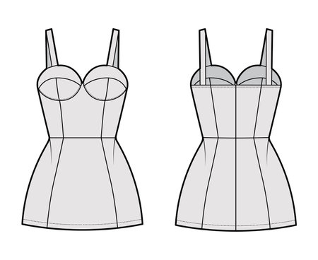 Tube dress technical fashion illustration with bustier, sleeveless, fitted body, mini length skirt. Flat garment apparel front, back, grey color style. Women, men unisex CAD mockupのイラスト素材