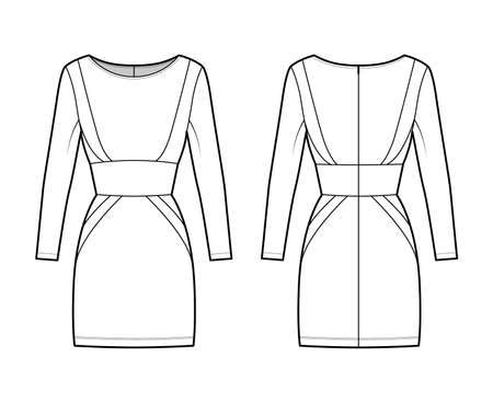 Dress panel tube technical fashion illustration with hourglass silhouette, long sleeves, fitted body, mini length skirt. Flat apparel front, back, white color style. Women, men, unisex CAD mockupのイラスト素材