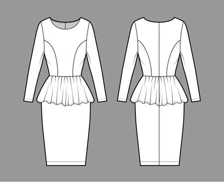 Dress peplum technical fashion illustration with long sleeves, fitted body, knee length sheath skirt, round neck. Flat apparel front, back, white color style. Women, unisex CAD mockupのイラスト素材
