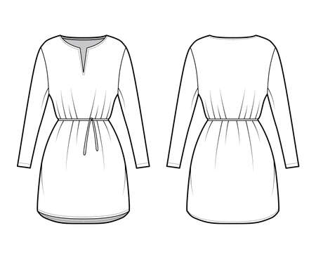 Dress tunic technical fashion illustration with tie, long sleeves, oversized body, mini length skirt, slashed neck. Flat apparel front, back, white color style. Women, men CAD mockupのイラスト素材