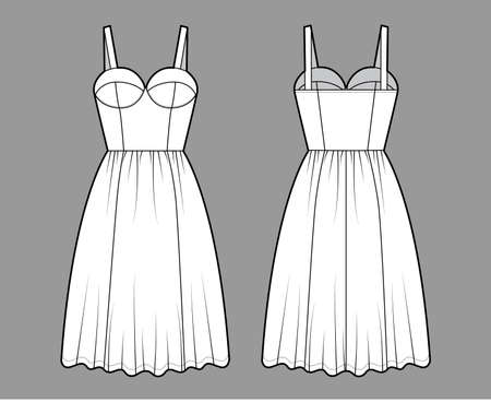 Flared dress technical fashion illustration with bustier, sleeveless, fitted body, knee length ruffle skirt. Flat apparel front, back, white color style. Women, men unisex CAD mockupのイラスト素材