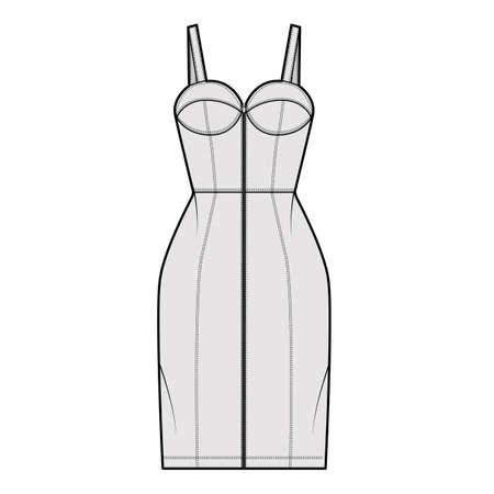 Zip-up tube dress technical fashion illustration with bustier, sleeveless, fitted body, knee length skirt. Flat garment apparel front, grey color style. Women, men unisex CAD mockupのイラスト素材