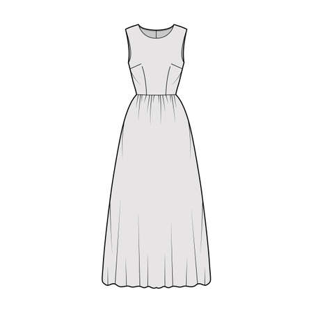 Dress long technical fashion illustration with sleeveless, fitted body, floor length full skirt. Flat apparel front, grey color style. Women, men unisex CAD mockupのイラスト素材