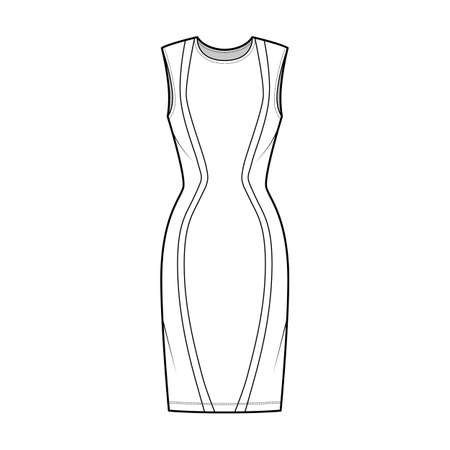 Dress panel technical fashion illustration with hourglass silhouette, sleeveless, fitted body, knee length pencil skirt. Flat apparel front, white color style. Women, men unisex CAD mockupのイラスト素材
