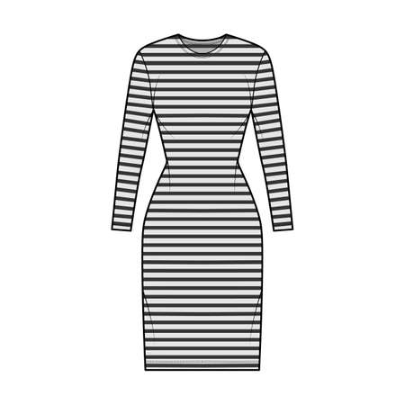 Dress sailor technical fashion illustration with stripes, long sleeves, fitted body, knee length pencil skirt. Flat apparel front, grey color style. Women, men unisex CAD mockupのイラスト素材