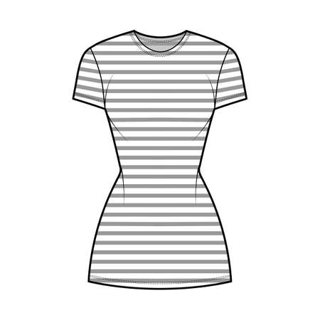 Dress sailor technical fashion illustration with stripes, short sleeves, fitted body, mini length pencil skirt. Flat apparel front, white color style. Women, men unisex CAD mockupのイラスト素材