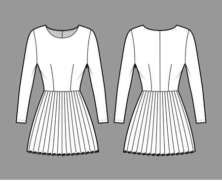 Dress pleated technical fashion illustration with long sleeves, fitted body, mini length skirt. Flat apparel front, back, white color style. Women, men unisex CAD mockupのイラスト素材