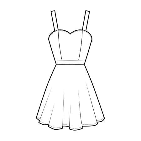 Dress strap technical fashion illustration fitted body, above-the-knee mini length circular skirt, natural waistline. Flat apparel front, white color style. Women, men unisex CAD mockupのイラスト素材