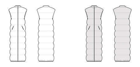 Down vest puffer waistcoat technical fashion illustration with stand collar, pockets, maxi length, wide quilting. Flat template front, back, white, grey color style. Women, men, unisex top CAD mockupのイラスト素材