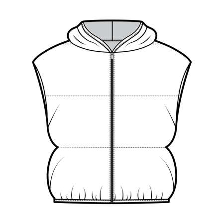 Hooded Down vest puffer waistcoat technical fashion illustration with zip-up closure, loose fit, crop length, wide quilting. Flat template front, white color style. Women, men, unisex top CAD mockupのイラスト素材