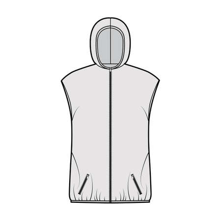 Hooded Down vest puffer waistcoat technical fashion illustration with zip-up closure, pockets, oversized body, hip length. Flat template front, grey color style. Women, men, unisex top CAD mockupのイラスト素材