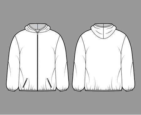 Puffer coat jacket technical fashion illustration with long sleeves, hoody collar, zip-up closure, pockets, boxy fit, hip length. Flat template front, back, white color style. Women men unisex top CADのイラスト素材