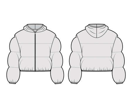 Hooded jacket Down puffer coat technical fashion illustration with long sleeves, zip-up closure, boxy fit, crop length, wide quilting. Flat template front, back, grey color. Women, men top CADのイラスト素材