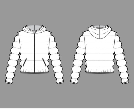 Hooded jacket Down puffer coat technical fashion illustration with zip-up closure, pockets, oversized, classic quilting. Flat template front, back, white color style. Women, men, unisex top CAD mockupのイラスト素材