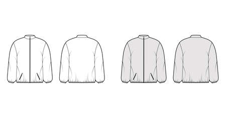 Puffer coat jacket technical fashion illustration with long sleeves, stand collar, pockets, boxy fit, hip length. Flat template front, back, white, grey color style. Women, men, unisex top CAD mockupのイラスト素材