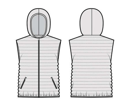 Down vest puffer waistcoat technical fashion illustration with sleeveless, hoody collar, zip-up closure, narrow quilting. Flat template front, back, grey color style. Women, men, unisex top CAD mockupのイラスト素材