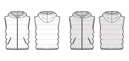 Hooded Down vest puffer waistcoat technical fashion illustration with sleeveless, loose fit, hip length, classic quilting. Flat template front, back, white, grey color style. Women, men top CAD mockupのイラスト素材