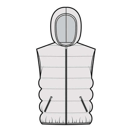 Hooded Down vest puffer waistcoat technical fashion illustration with sleeveless, loose fit, hip length, classic quilting. Flat template front, grey color style. Women, men, unisex top CAD mockupのイラスト素材