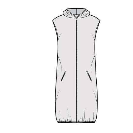 Down vest puffer waistcoat technical fashion illustration with sleeveless, hoody collar, zip-up closure, pockets, knee length. Flat template front, grey color style. Women, men, unisex top CAD mockupのイラスト素材