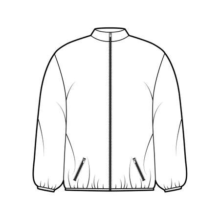 Puffer coat jacket technical fashion illustration with long sleeves, stand collar, zip-up closure, pockets, boxy fit, hip length. Flat template front, white color style. Women, men, unisex CAD mockupのイラスト素材