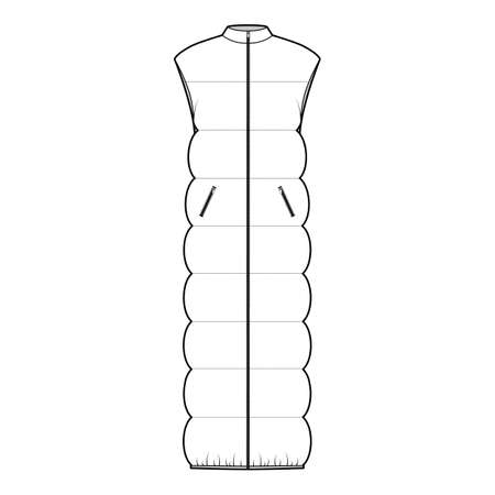 Down vest puffer waistcoat technical fashion illustration with sleeveless, zip-up closure, pockets, maxi length, wide quilting. Flat template front, white color style. Women men, unisex top CAD mockupのイラスト素材