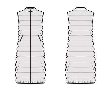 Down vest puffer waistcoat technical fashion illustration with sleeveless, stand collar, zip-up closure, oversized, classic quilting. Flat template front, back, grey color style. Women, men CAD mockupのイラスト素材