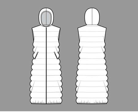Hooded Down vest puffer waistcoat technical fashion illustration with sleeveless, oversized, midi length, classic quilting. Flat template front, back, white color style. Women, men, unisex top mockupのイラスト素材